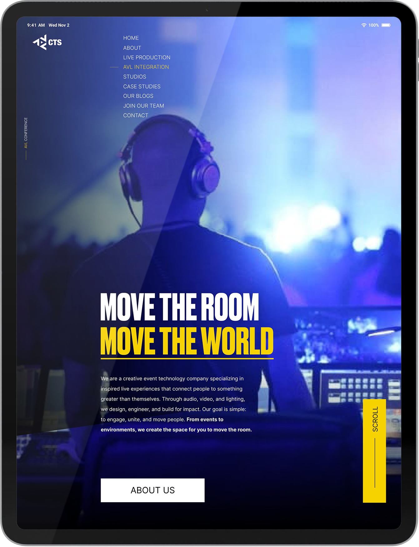 rendering of a CTS ipad with the text: "Move the Room. Move the World."